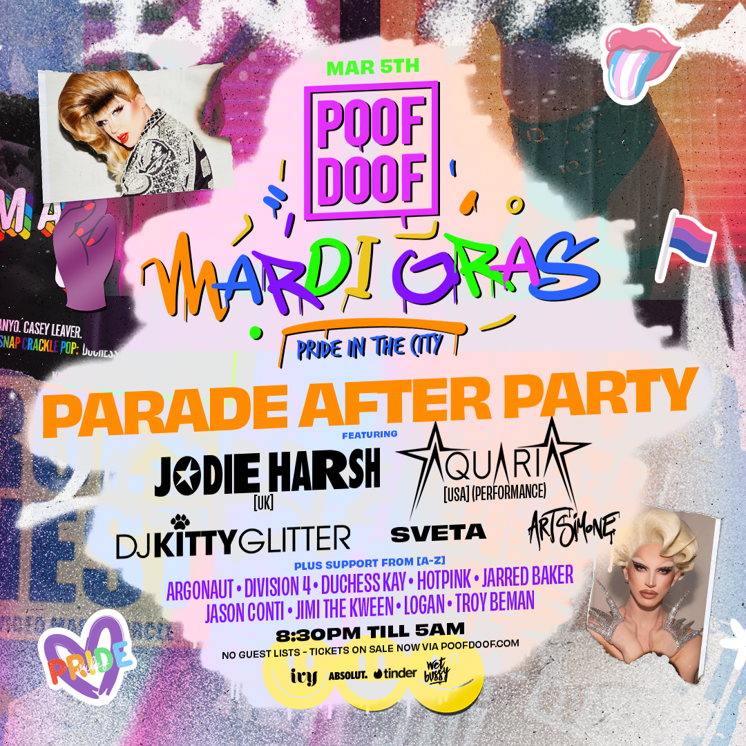 POOF DOOF SYDNEY – MARDI GRAS | PARADE AFTER PARTY – SATURDAY 5TH MARCH - Poof Doof sydney