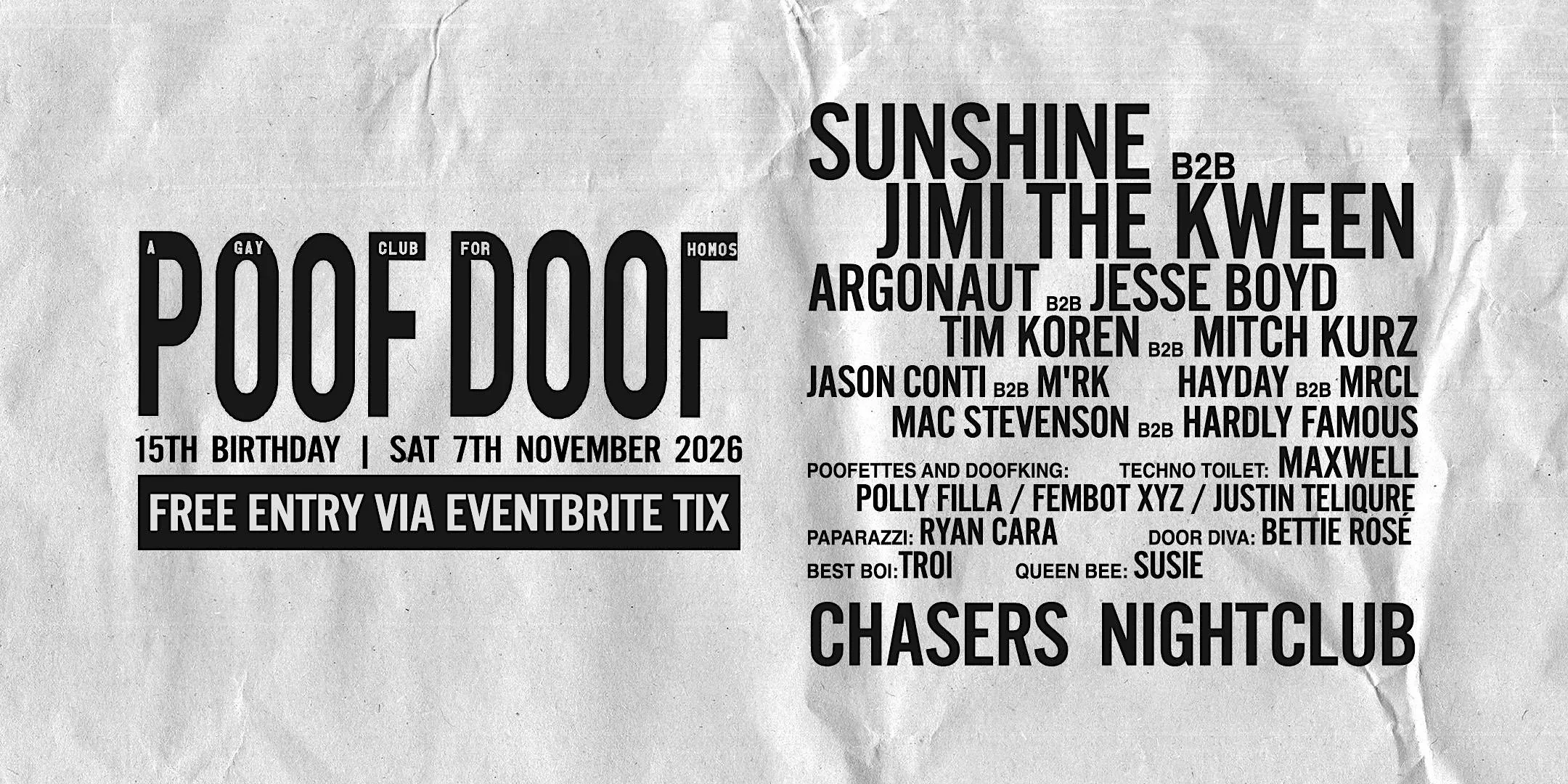 POOF DOOF 15th Birthday – Sat 7th November (Free Event)
